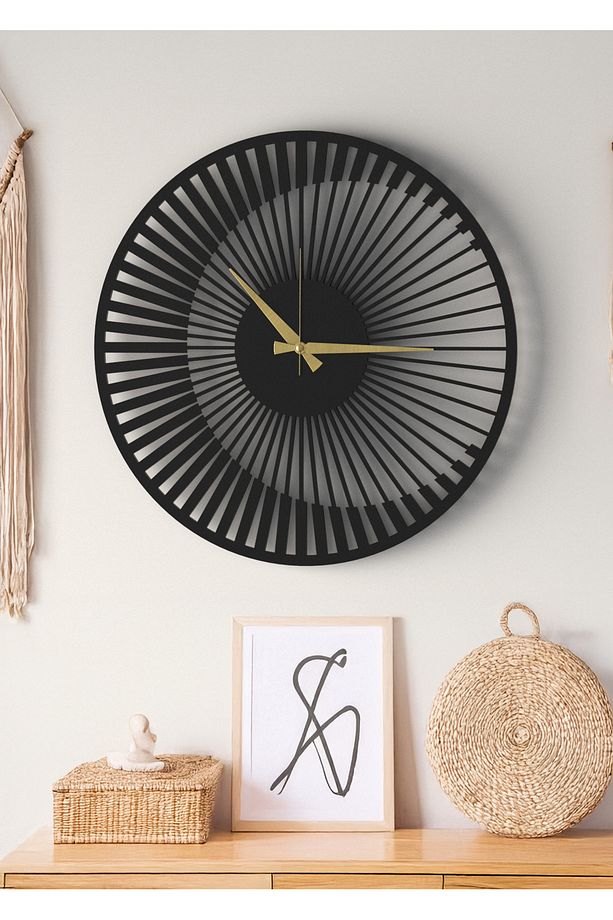 Siyah Dekoratif Ahşap Duvar Saati - Modern Minimalist Çizgisel Tasarım 48cm - 1