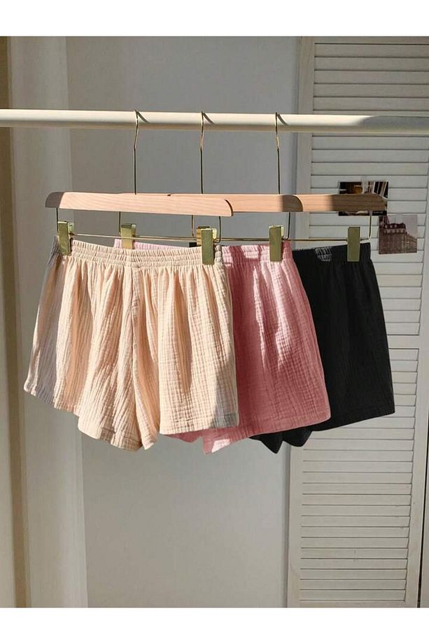Pembe Bej Siyah 3’lu Dokuma Muslin Mini Şort - 2