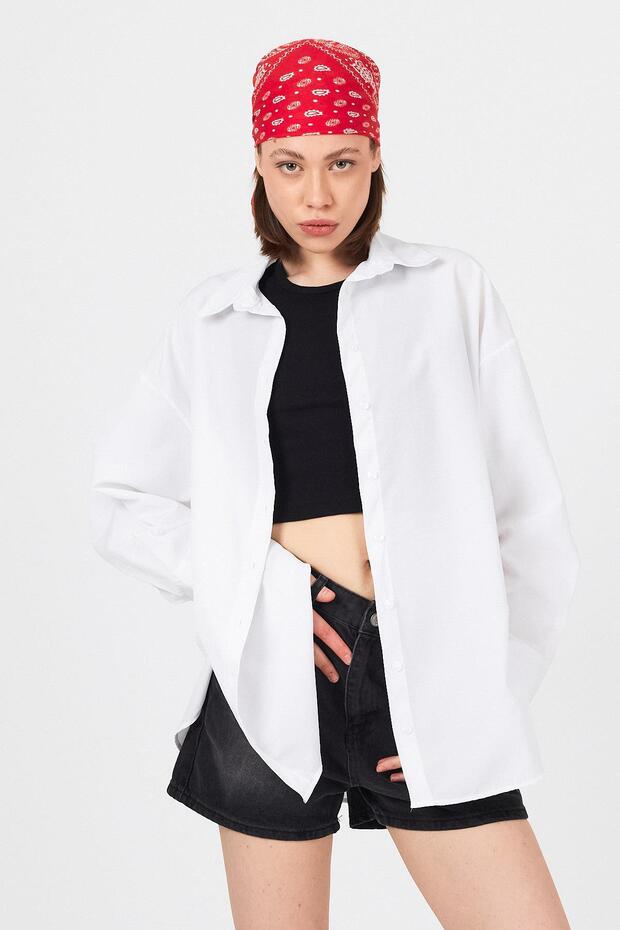 White Oversize Basic Long Shirt 4664A - 8