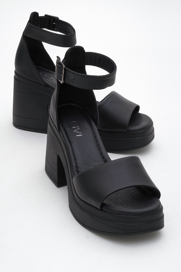 MARGOT Black Leather Genuine Leather Women's Platform Heeled Sandals