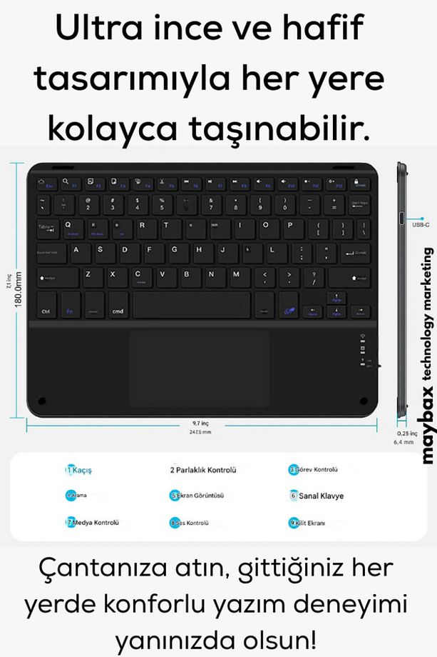 Tüm Cihazlara Uyumlu Akıllı Taşınabilir Şarjlı Kablosuz Bluetooth & Wireless Klavye Touchpad (Mouse) - 4