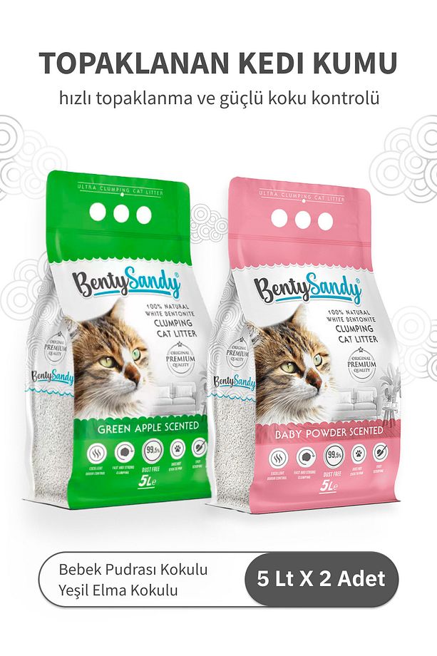 Bebek Pudrası ve Yeşil Elma Kokulu Topaklanan Kedi Kumu Seti 5 Lt X 2 Adet - 1