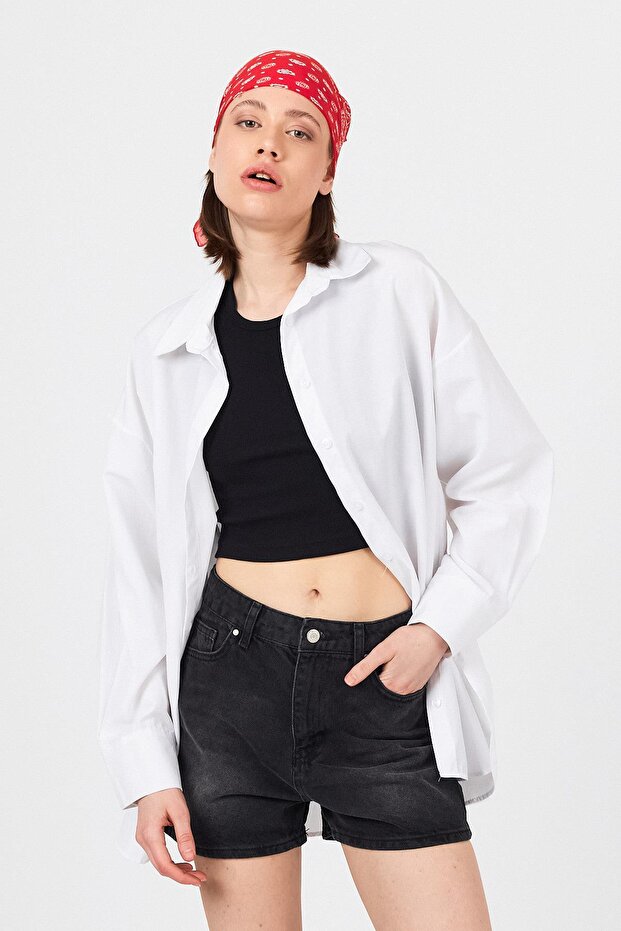 White Oversize Basic Long Shirt 4664A - 1