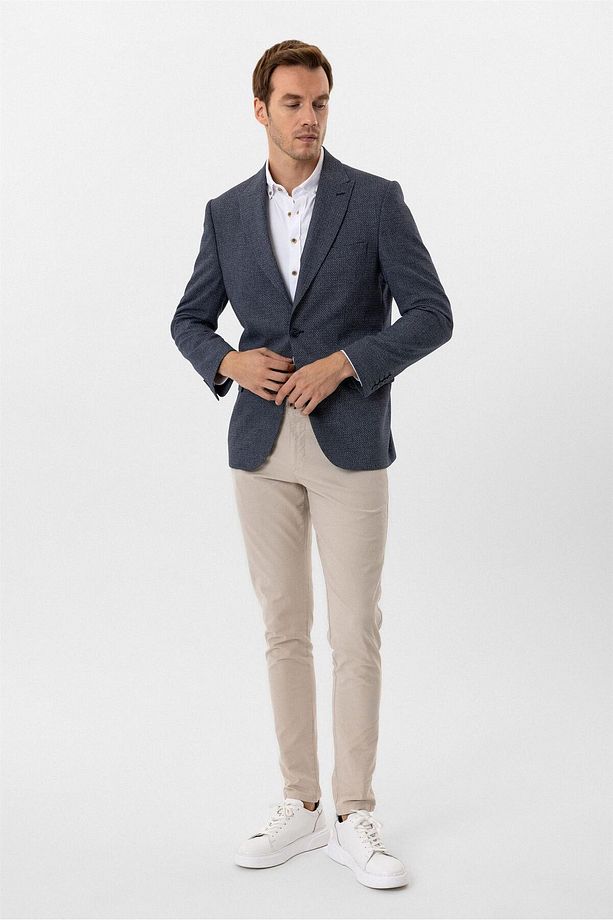 Lacivert Regular Fit Desenli Sivri Yaka 4 Drop Ceket - 4