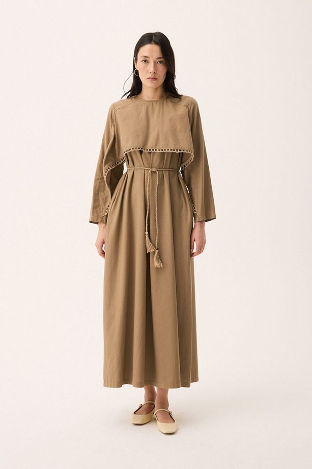 Hasır Biyeli Elbise Camel - 5
