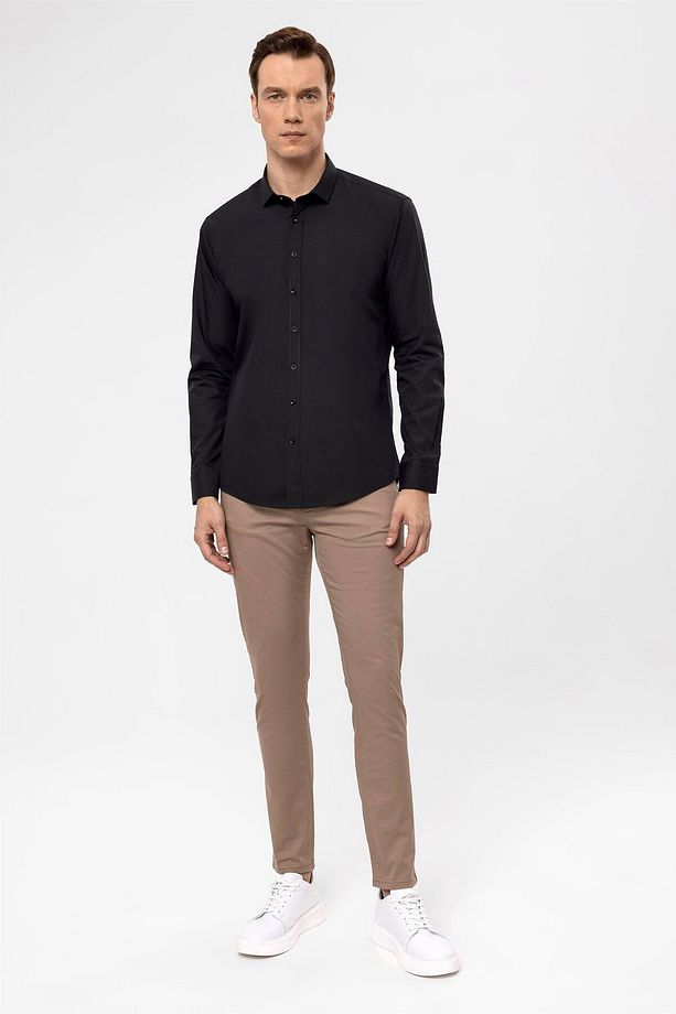 Siyah Slim Fit Düz Klasik Yaka Gömlek - 3