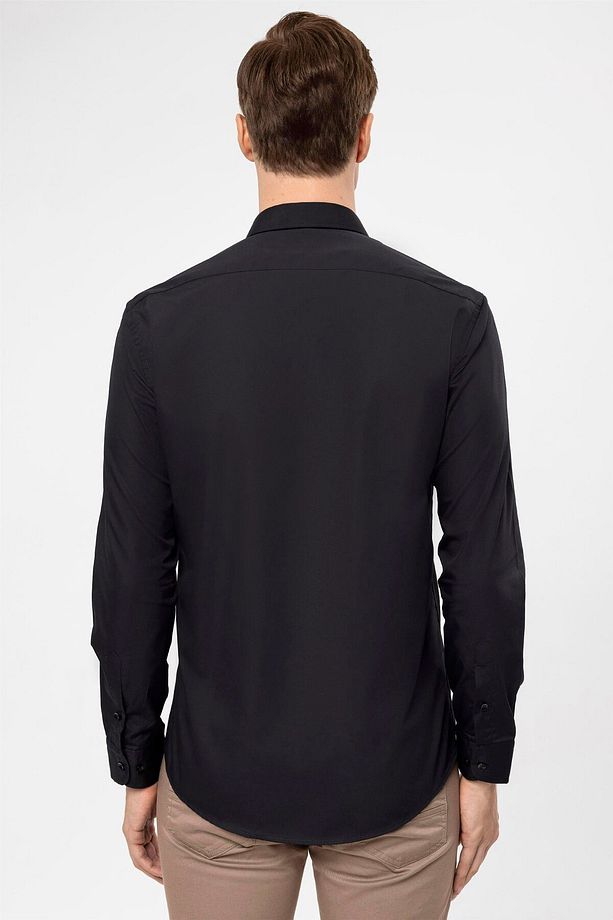 Siyah Slim Fit Düz Klasik Yaka Gömlek - 6