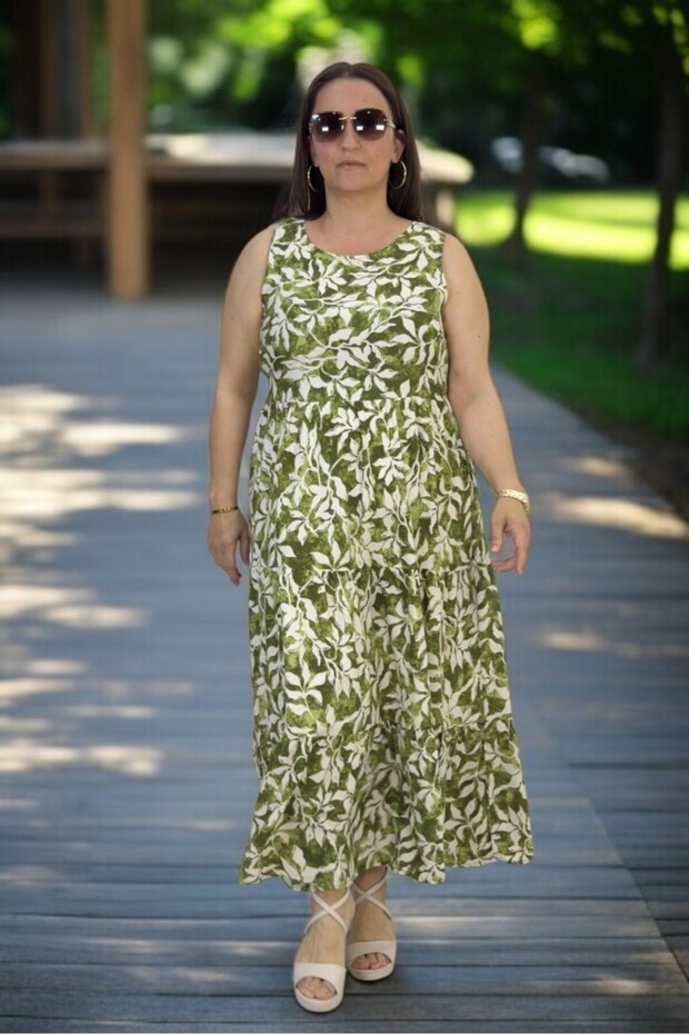 Japone Sleeve (Sleeveless) Flounced Floral Patterned Medium Large Size Cotton Viscose Dress