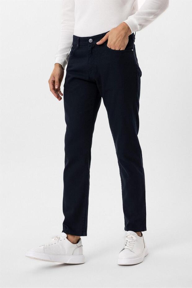 Lacivert Regular Armürlü Kanvas Pantolon - 3