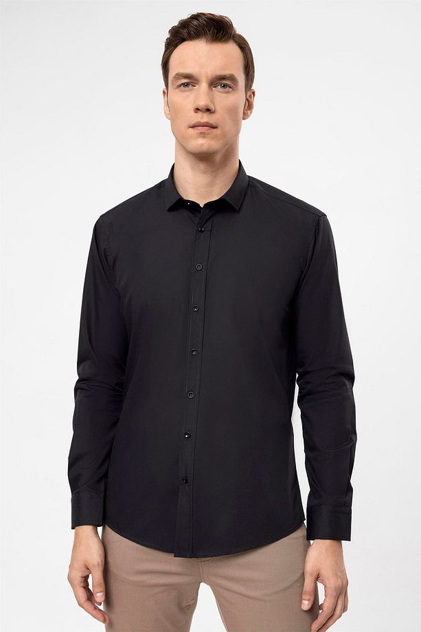 Siyah Slim Fit Düz Klasik Yaka Gömlek - 4