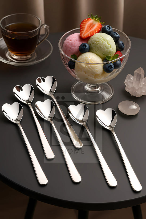 Stainless Steel Heart Shaped Ice Cream Cake Dessert Nescafe Coffee Spoon Set of 6 18cm