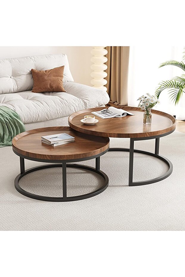 طقم طاولات قهوة دائرية متداخلة بتصميم عصري من First Modern Design، مقاس 80*60 سم