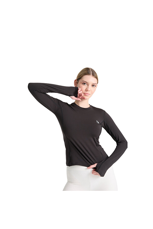 DOMİN SPOR Kadın Siyah Nefes Alan Compression Spor Body Tişört - Bilek Detaylı Tasarım