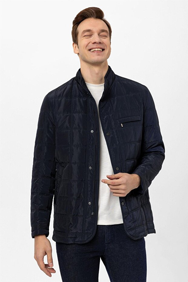 Lacivert Regular Kapitone Hakim Yaka Mont - 3