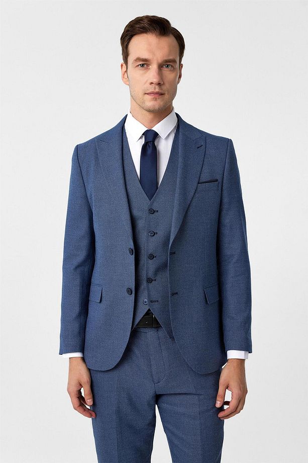 Parlament Mavi Slim Fit Desenli Mono Yaka 6 Drop Yelekli Klasik Takım Elbise - 5