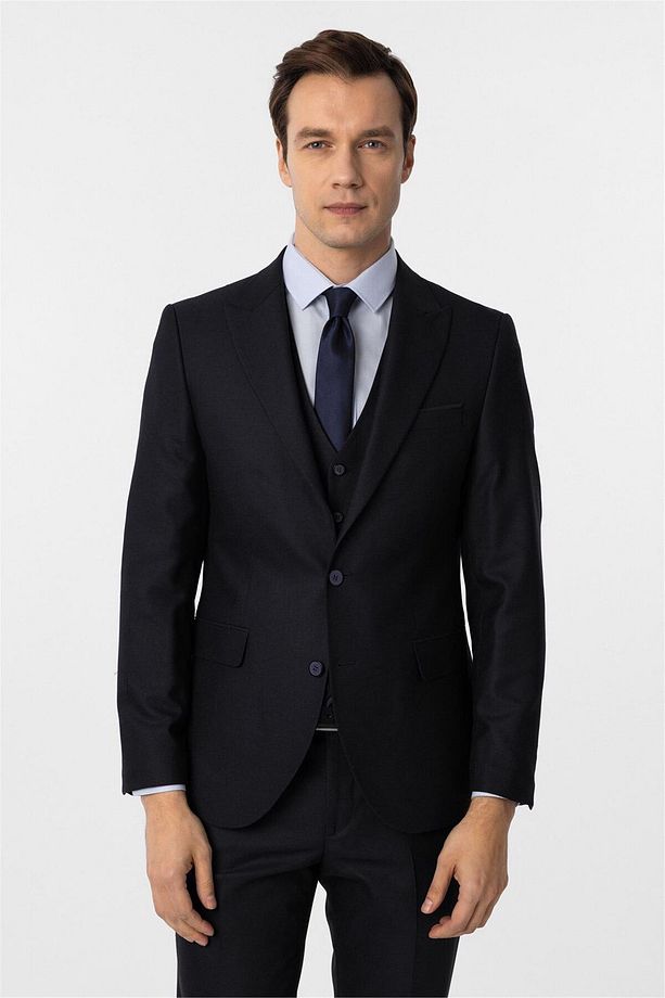 Lacivert Slim Fit Desenli Sivri Yaka 6 Drop Yelekli Klasik Takım Elbise - 2