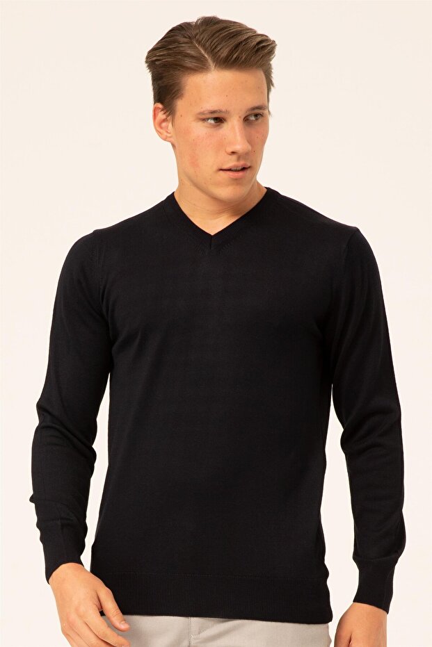 Lacivert Regular Düz V Yaka Triko - 1