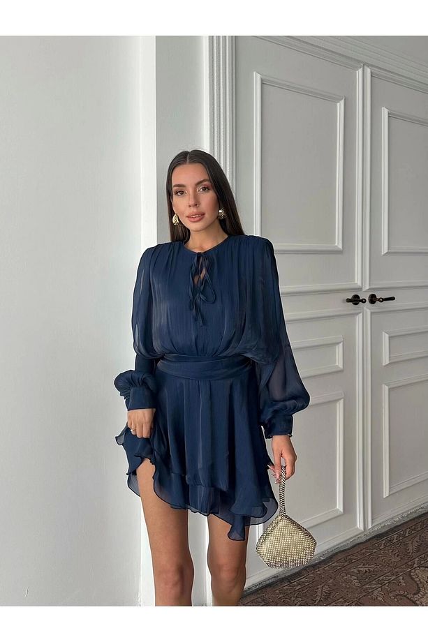 Vatkalı Jakarlı Tül Mini Elbise - 4