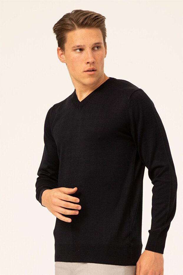 Lacivert Regular Düz V Yaka Triko - 4