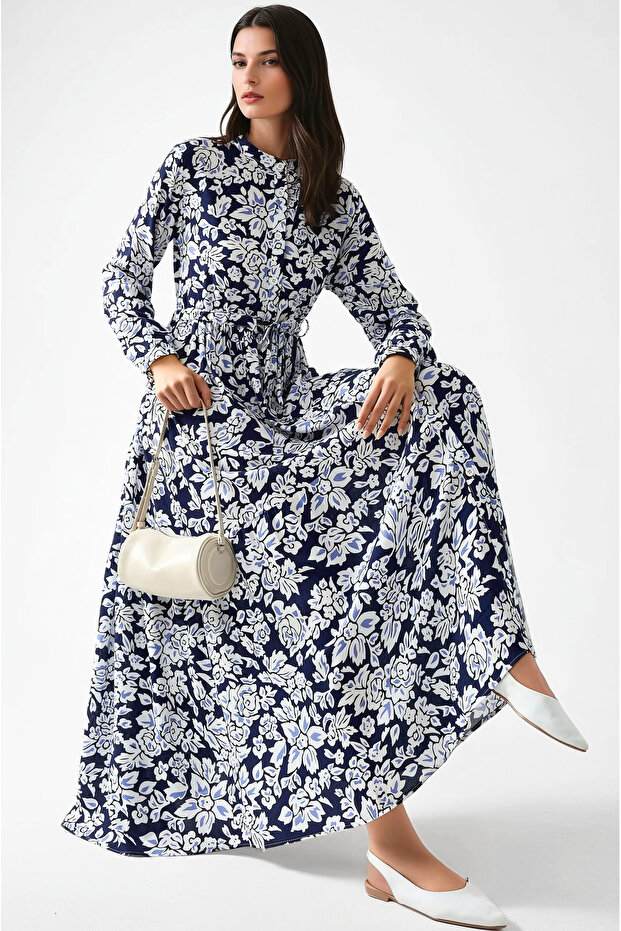 Gömlek Yaka Desenli Viskon Modest Elbise - 1