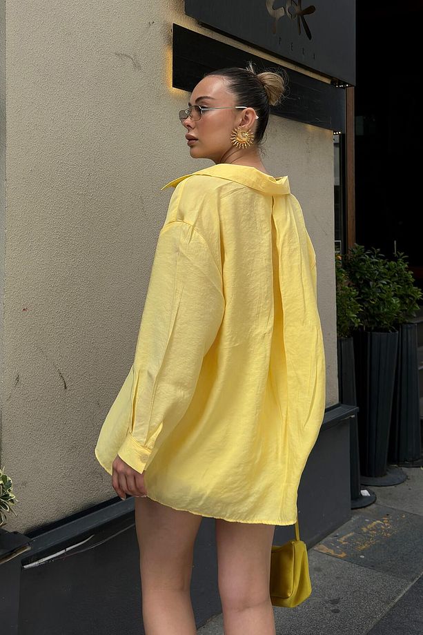 Sarı Due Oversize Modal A Pile Tek Cepli Kadın Gömlek - 6