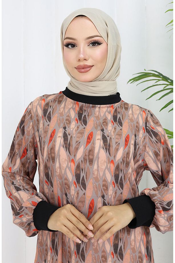 Şifon Kumaş Yaprak Desenli Elbise 0054-04 Vizon - 3