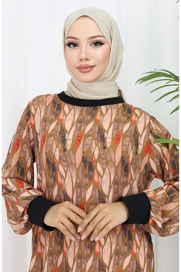 Şifon Kumaş Yaprak Desenli Elbise 0054-01 Kahverengi - 3