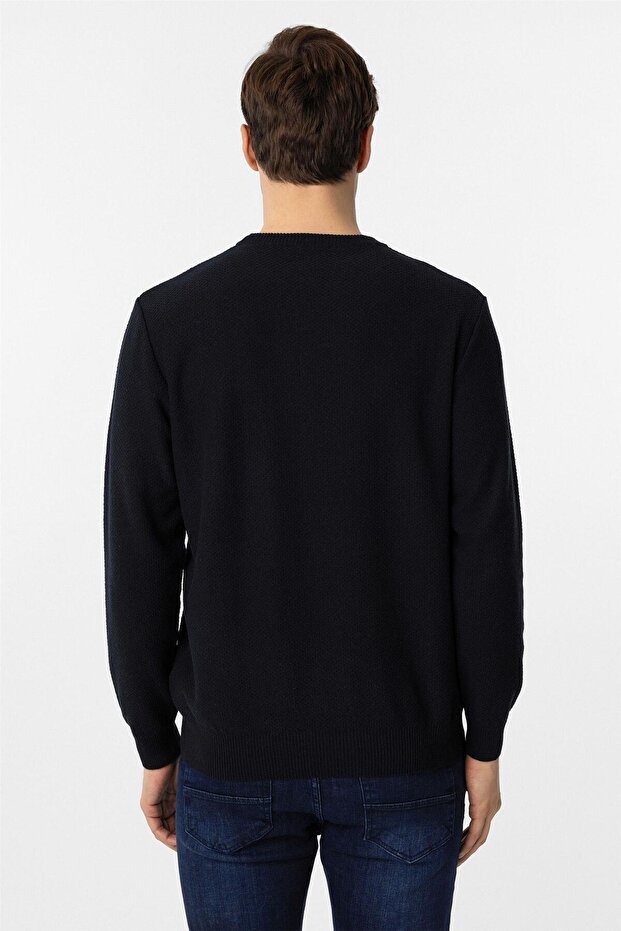 Lacivert Regular Desenli Bisiklet Yaka Triko - 5