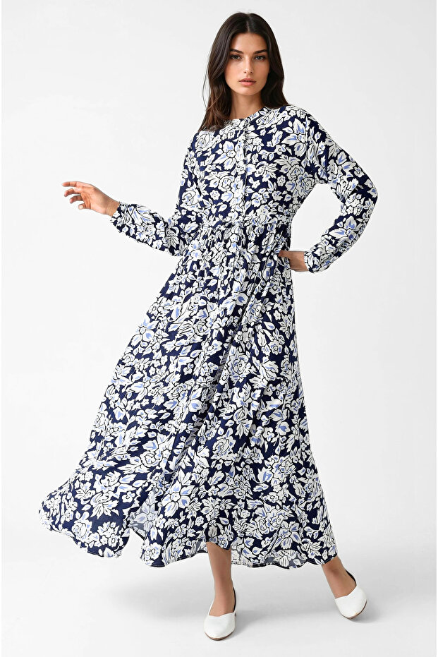 Gömlek Yaka Desenli Viskon Modest Elbise - 2