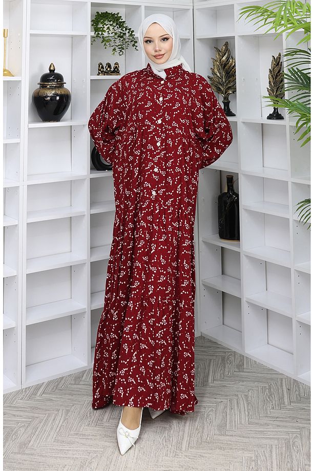Viskon Kumaş Desenli Elbise 2048-04 Bordo - 2