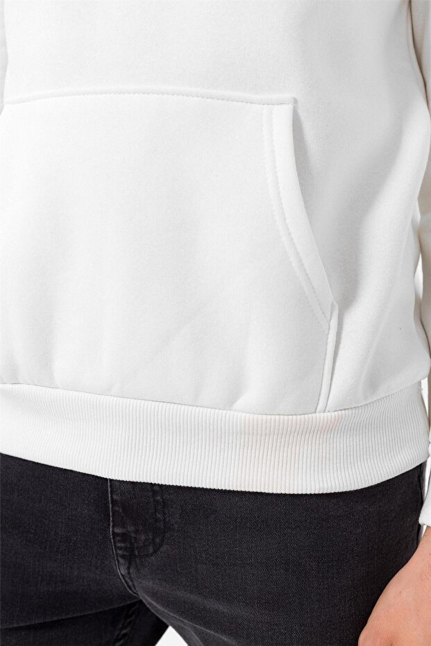 Beyaz Regular Düz Kapüşonlu Yaka Sweatshirt - 8