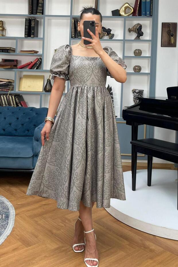 Khaki Balloon Sleeve Patterned Midi Length Women's Dress Mg2419