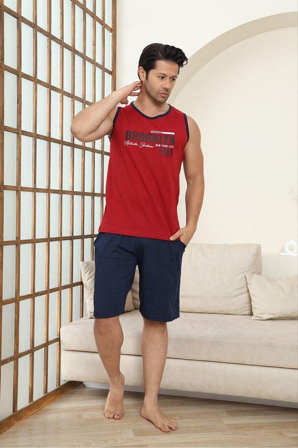 Erkek Pamuklu Sıfır Kollu Şortlu Pijama Takımı - 1