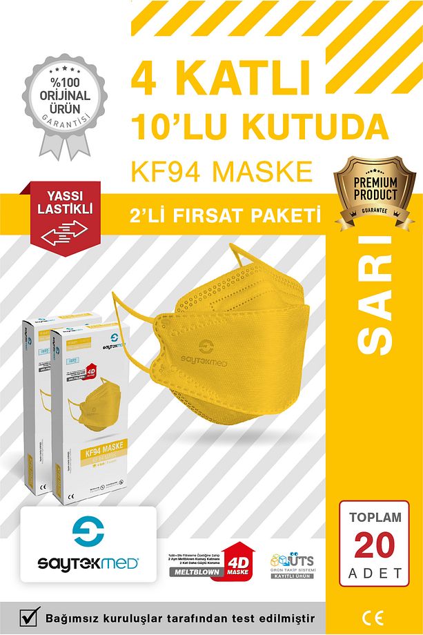 KF94 Kore Tipi, 4 katlı, SARI Maske, Tekli Paket, UV Steril (2 Kutu/ 20 Adet) - 1