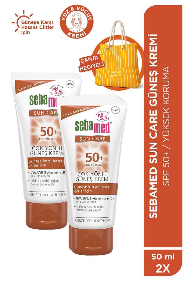 Sun Care SPF 50+Üçlü Yüksek Koruma Güneş Kremi 50ml x 2 Adet - Plaj Çantası Hediyeli Set - 1