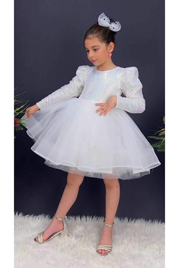 Sequined Tutu Girls' Long Sleeve Party, Birthday, Special Occasion Evening Dress White