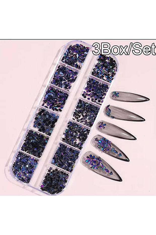 3 boxed Multi Shapes 3D Flat Bottom Nail Rhinestones Colorful Nail Gems Glass AB Crystal Kit Nail Ch