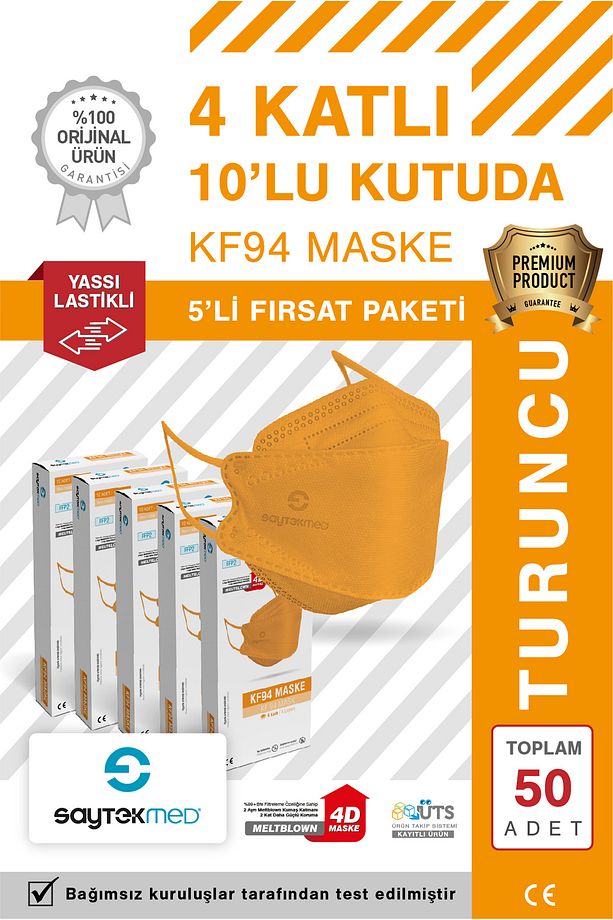 KF94 Kore Tipi, 4 katlı, TURUCU Maske, Tekli Paket, UV Steril (5 Kutu/ 50 Adet) - 1
