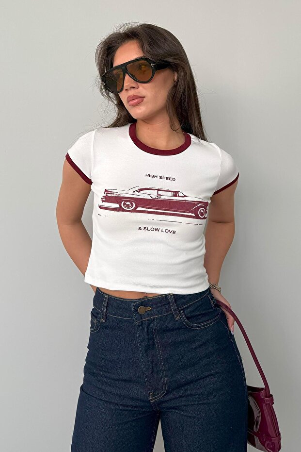 White Printed Ribbed Women's T-Shirt Mg2449