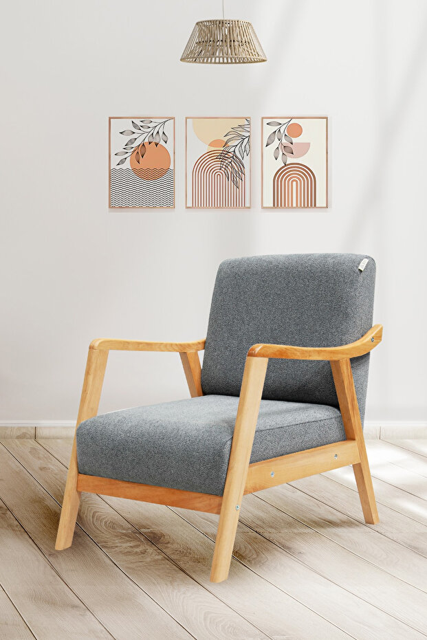 Favela Bohem Ahşap Ayaklı Gri Teddy Kumaş Berjer - 1