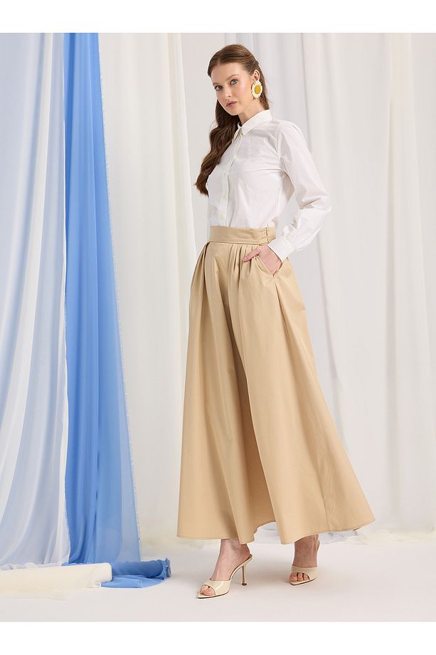 Bej 100% Poplin Pamuk Piliseli Etek - 4