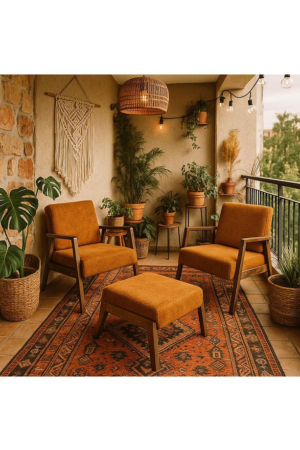 Pavia Çay Seti Ceviz Ahşap, Hardal (2ADET TEKLİ BERJER 1ADET PUF)ofis,balkon,kafe mobilyası - 1