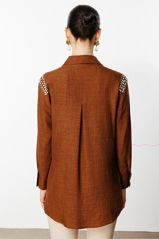 Modailgi Omuzları İşlemeli Rahat Kesim Gömlek Kahve - 6