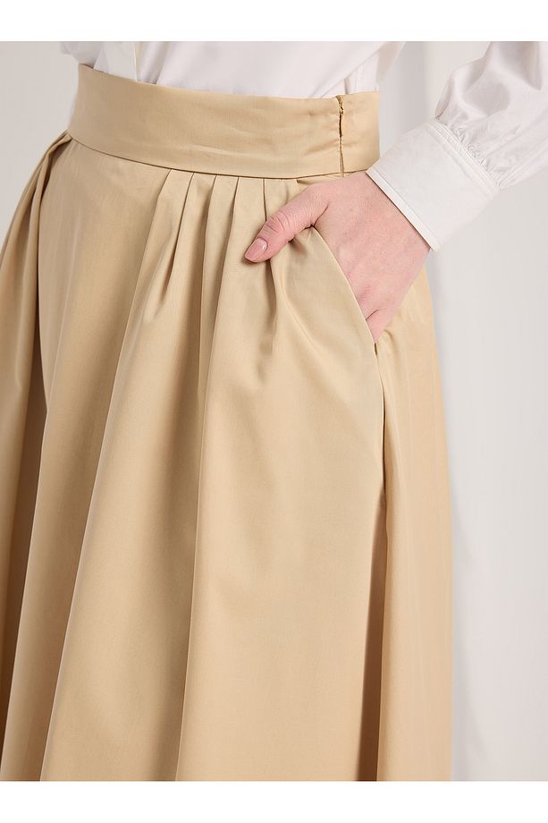Bej 100% Poplin Pamuk Piliseli Etek - 5