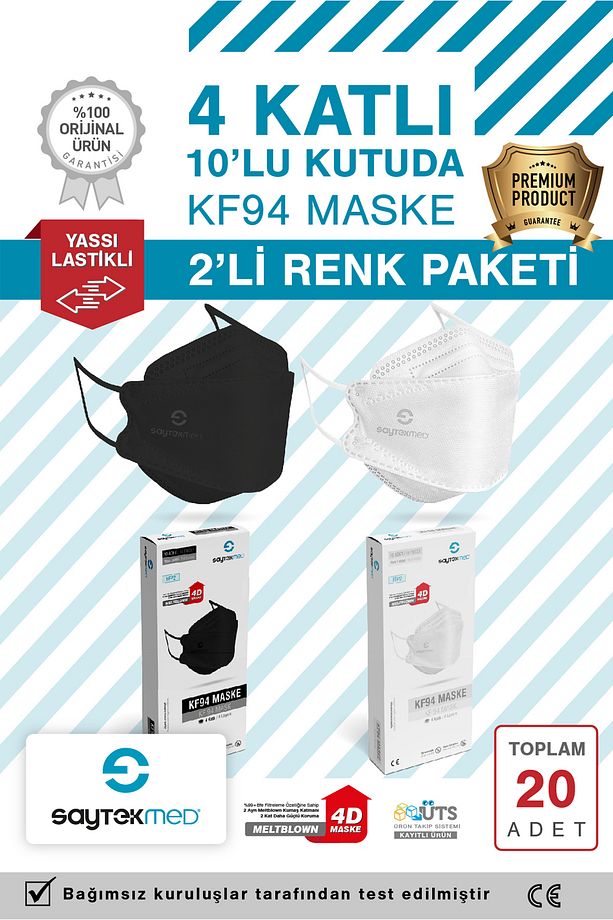 KF94 Kore Tipi, 4 katlı, 20 Adet Beyaz ve Siyah Maske, Tekli Paket, UV Steril (2 kutu/20 adet) - 1