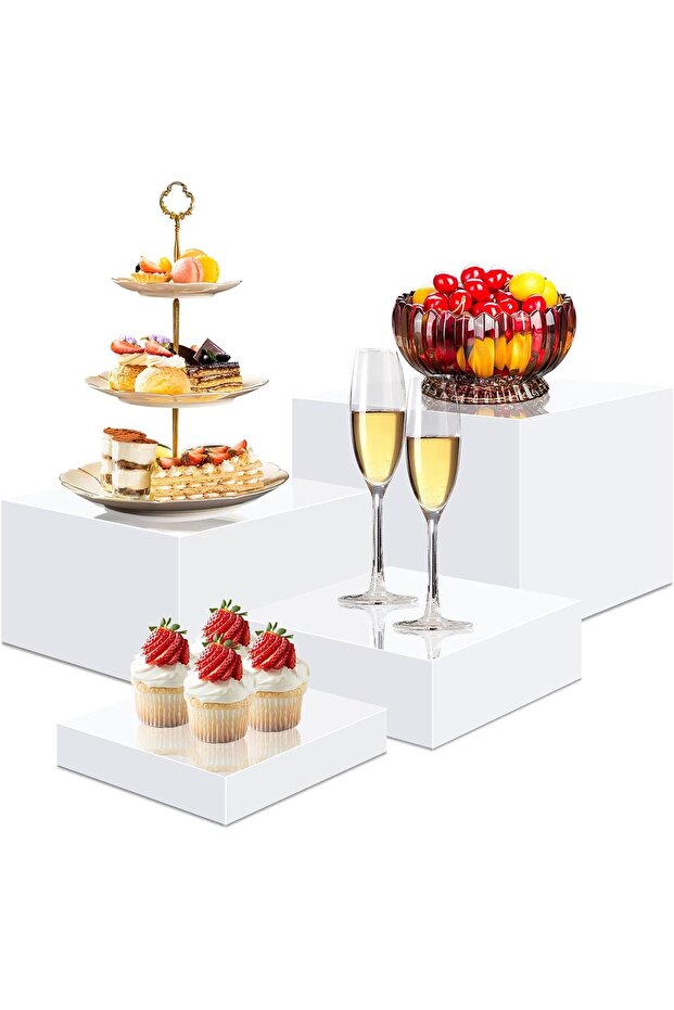 4 Pcs Acrylic Risers for Display,White Acrylic Cube Box Dessert Display Stand with Hollow Bottoms