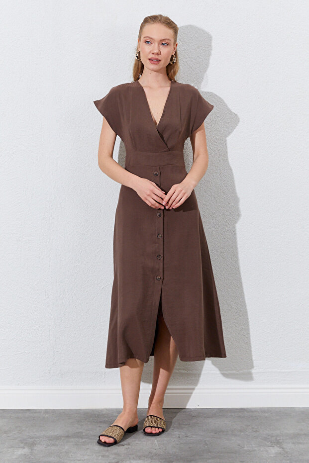 Double Breasted Collar Button Detailed Modal Midi Dress - Brown | Mks281871-01