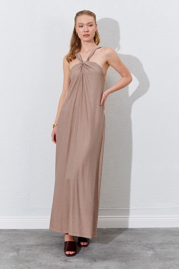 Büzgü Detaylı Halter Maxi Form Elbise - Vizon | Mks284907-01 - 6