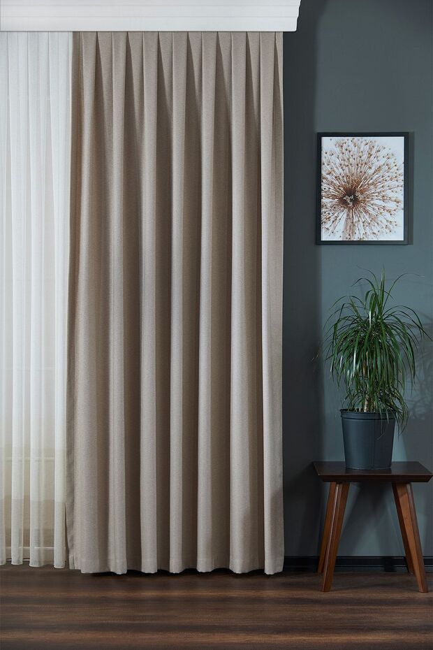 Açık Vizon Modern Yumuşak Dökümlü Kumlama Desenli Düz Jakar Fon Perde Büzdürmeli Ekstraforlu Erguvan - 1