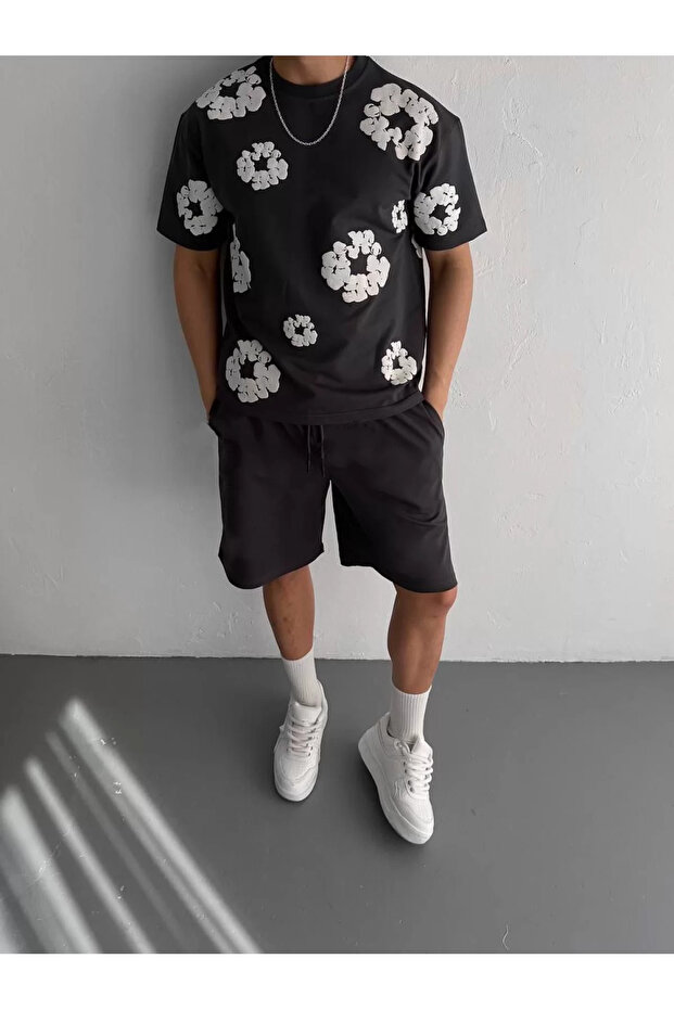 Çiçek Baskılı Oversize Tişört - 4